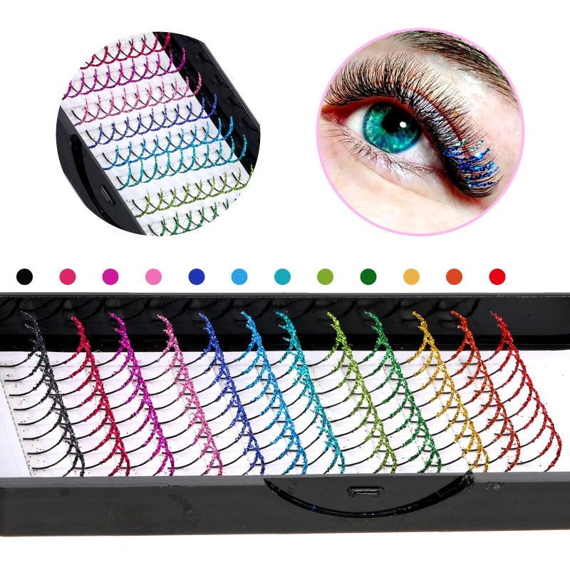 COMNICO Glitter Lash Extensions, 120 Pcs 12 Colored Wide Individual Lashes Cluster DIY Eyelash Extensions Single Eye Lash Professional Supplies for Personal Makeup - Image 3